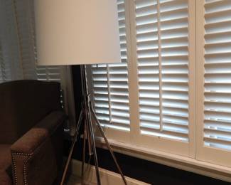 West Elm Adjustable Tripod Floor Lamp in Polished Chrome with a Linen Drum Shade, 47" - 64" in Height.