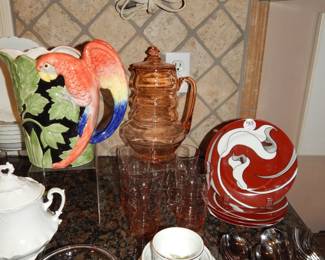 Fitz & Floyd Set of 4 "Calla Lily" Salad Plates and Four Matching Dinner Plates in Solid Red, Vintage Dunbar 10" Ribbed Rose Pink Pitcher with Lid and Four Glasses and a Pristine Set of Oneida Silveware (Set of 6 with 2 Serving Pieces) and not to be Missed is a Vintage Fitz and Floyd 1.5 Quart Macaw Parrot Pitcher.