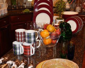 Eddie Bauer "Home" Plaid Coffee Mugs (Set of Six Available), Stunning Vintage Emerald Glass Ribbed Pitcher, a 30 Piece set of Stainless Flatware and an Incredible Pagnossin "Ironstone" Italian Made 22 Piece Dinnerware Set.