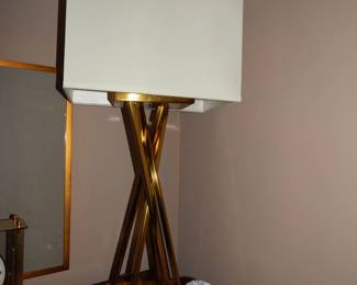 Two Vintage Shelley Cup & Saucers Shown with a Polished Gold Table Lamp.