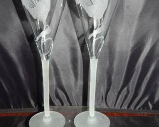 Rare Perry Coyle Signed "Tiger Lily" 11.75"H Crystal Champagne flutes, Two Sets of Four Available