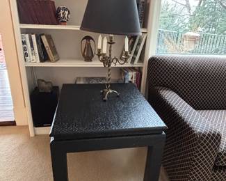 PAIR OF BLACK MID CENTURY LACQUERED GRASS CLOTH SIDE TABLES