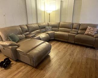 Leather reclining sectional, dumbells and floor lamp