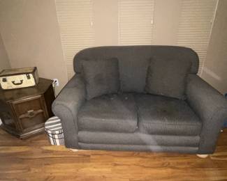 Storage boxes, loveseat and midcentury side table