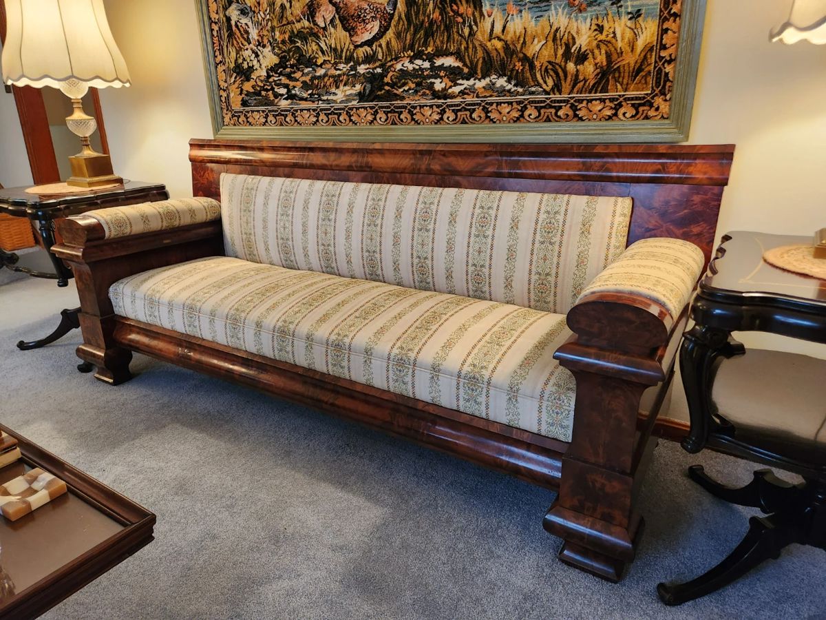 #1	Civil War Sofa w/ Solid Wood Upholstered Arms w/solid back & Side - 87x28x37  (w/ minor scratches)	 $450.00 
