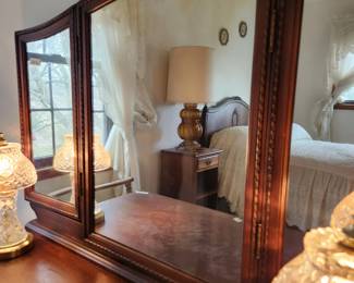 #37	Vintage Wood Carved Vanity w/triple Mirror - Dovetailed w/2 drawers - 37x19x29  Mirror 38x26 w/wood Stool w/cane top(not matching) - 22x14x18	 $175.00 
