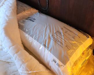 #33	Antique Wood Headboard w/carvings in Center and top w/rounded Wood Footboard w/Cream Spread and Orto Pedic Supreme Mattress/Boxsprings (still in plastic) & 2 plastic covered pillows)	 $300.00 
