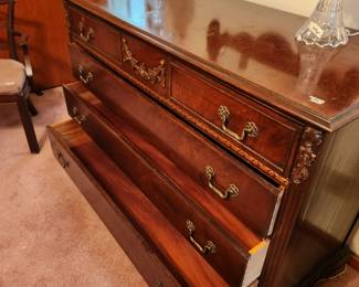 #50	Antique Wood Carved Dresser  w/4 drawers, top one divided (as is finish)   49x21x35	 $275.00 
