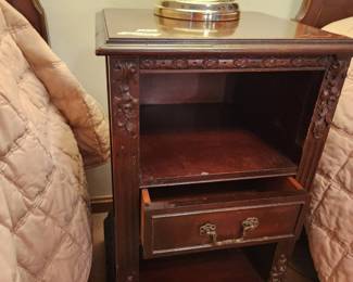 #43	Antique Wood 2 shelf, 2 drawer Bedside Table - 16x14x27 (as is finish on top)	 $65.00 
