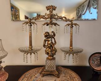 #5	Scales of Justice Crystal/Brass Base w/Cherub sitting on Fruit - 22Wx24T	 $175.00 
