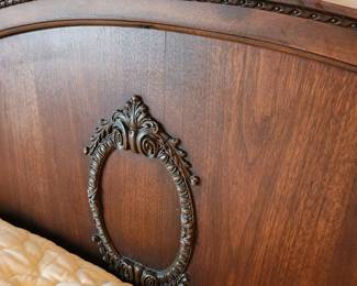 #33	Antique Wood Headboard w/carvings in Center and top w/rounded Wood Footboard w/Cream Spread and Orto Pedic Supreme Mattress/Boxsprings (still in plastic) & 2 plastic covered pillows)	 $300.00 
