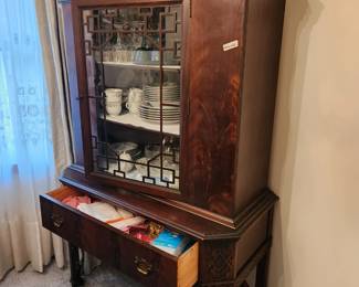 #32	Batesville Antique China/Display Cabinet - w/key and 1 glass Front Door(has decorative details) w/2 wood shelves & 1 drawer - one single piece - 39x18x63	 $375.00 
