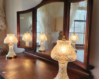 #37	Vintage Wood Carved Vanity w/triple Mirror - Dovetailed w/2 drawers - 37x19x29  Mirror 38x26 w/wood Stool w/cane top(not matching) - 22x14x18	 $175.00 
