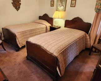 #42	(PAIR) Antique Full Size Wood Carved Headboard/Footboard w/Mattress/Box springs & Coverlets - sold as a pair - One mattress like new, one mattress as is	 $400.00 
