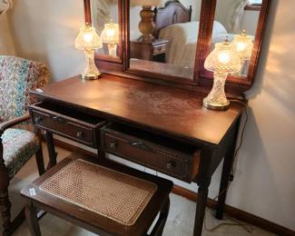 #37	Vintage Wood Carved Vanity w/triple Mirror - Dovetailed w/2 drawers - 37x19x29  Mirror 38x26 w/wood Stool w/cane top(not matching) - 22x14x18	 $175.00 
