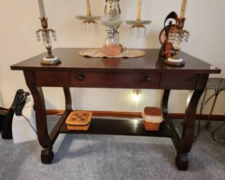 #4	Wood Antique Sofa Table w/1 drawer  & 1 lower Shelf- Drawer hand-nailed - 42x26x28	 $225.00 
