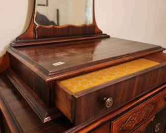 #79	Antique Wood Carved Hand-dovetailed Dresser w/Shaving Mirror w/5 Drawers on wheels - 32x19x68	 $375.00 

