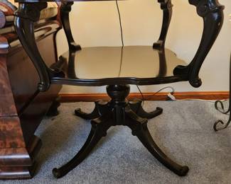 #2	Antique Dark Wood Double Shelf End Table on pedestal Leg - 23x23x28 (few watermarks)	 $225.00 
