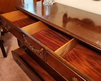 #50	Antique Wood Carved Dresser  w/4 drawers, top one divided (as is finish)   49x21x35	 $275.00 
