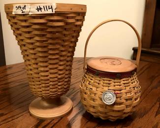 #114	Longaberger Set of 2 Baskets Vase and Small one with wood Top	 $25.00 
