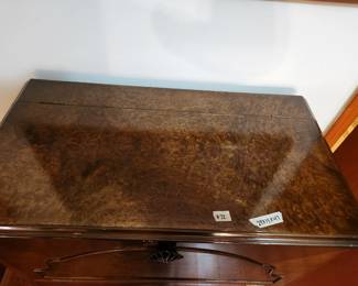 #72	G & F Gold Feather Products Antique Burl Wood Drop Front ,lift-top Cabinet lighted w/2 wood Doors & 1 curved Shelf - 29x15 47T	 $275.00 