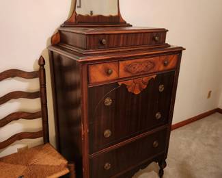 #79	Antique Wood Carved Hand-dovetailed Dresser w/Shaving Mirror w/5 Drawers on wheels - 32x19x68	 $375.00 
