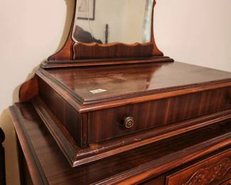 #79	Antique Wood Carved Hand-dovetailed Dresser w/Shaving Mirror w/5 Drawers on wheels - 32x19x68	 $375.00 
