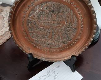 #153	Hand Carved Tray Plate Silver Copper Pie Crust Edge	 $20.00 
