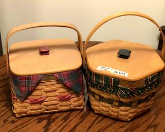#105	Longaberger Set of 2 Baskets w/wood Top , One single handle and one double handle w/inserts and liners	 $25.00 
