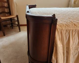 #33	Antique Wood Headboard w/carvings in Center and top w/rounded Wood Footboard w/Cream Spread and Orto Pedic Supreme Mattress/Boxsprings (still in plastic) & 2 plastic covered pillows)	 $300.00 
