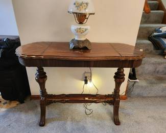 #18	Wood Oval Sofa Table w/double pedestal Legs - 42x18x29 - Top Veneer Buckled - as pictured	 $35.00 
