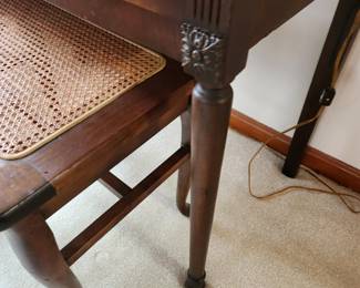 #37	Vintage Wood Carved Vanity w/triple Mirror - Dovetailed w/2 drawers - 37x19x29  Mirror 38x26 w/wood Stool w/cane top(not matching) - 22x14x18	 $175.00 
