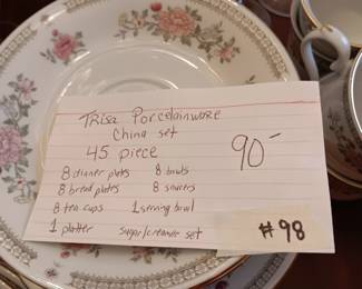 #98	Trisa Porcelainware China Set - 45 piece set  - (1 cup chipped)	 $90.00 
