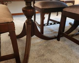 #28	Duncan Phyffe Double Pedestal Table w/6 Chairs  w/Brass Feet- 59x40x29 - Small Finishes Issues on Top	 $250.00 
