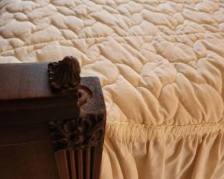 #33	Antique Wood Headboard w/carvings in Center and top w/rounded Wood Footboard w/Cream Spread and Orto Pedic Supreme Mattress/Boxsprings (still in plastic) & 2 plastic covered pillows)	 $300.00 

