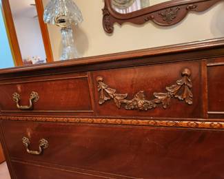 #50	Antique Wood Carved Dresser  w/4 drawers, top one divided (as is finish)   49x21x35	 $275.00 
