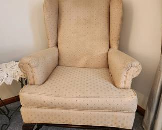 #9	Paul Robert Taylorsville NC - Wingback Chair w/tan upholstery (some wear)  - w/wood base	 $75.00 
