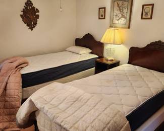 #42	(PAIR) Antique Full Size Wood Carved Headboard/Footboard w/Mattress/Box springs & Coverlets - sold as a pair - One mattress like new, one mattress as is	 $400.00 
