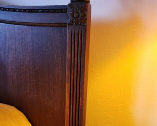 #33	Antique Wood Headboard w/carvings in Center and top w/rounded Wood Footboard w/Cream Spread and Orto Pedic Supreme Mattress/Boxsprings (still in plastic) & 2 plastic covered pillows)	 $300.00 
