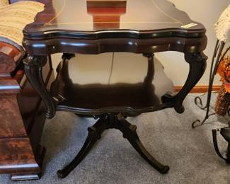 #2	Antique Dark Wood Double Shelf End Table on pedestal Leg - 23x23x28 (few watermarks)	 $225.00 
