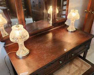 #37	Vintage Wood Carved Vanity w/triple Mirror - Dovetailed w/2 drawers - 37x19x29  Mirror 38x26 w/wood Stool w/cane top(not matching) - 22x14x18	 $175.00 
