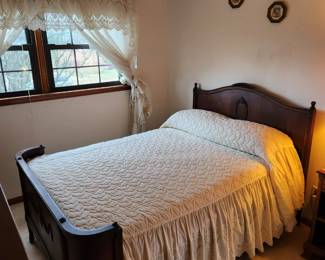 #33	Antique Wood Headboard w/carvings in Center and top w/rounded Wood Footboard w/Cream Spread and Orto Pedic Supreme Mattress/Boxsprings (still in plastic) & 2 plastic covered pillows)	 $300.00 
