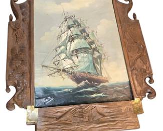 Original Maritime Oil Painting Handcarved Frame