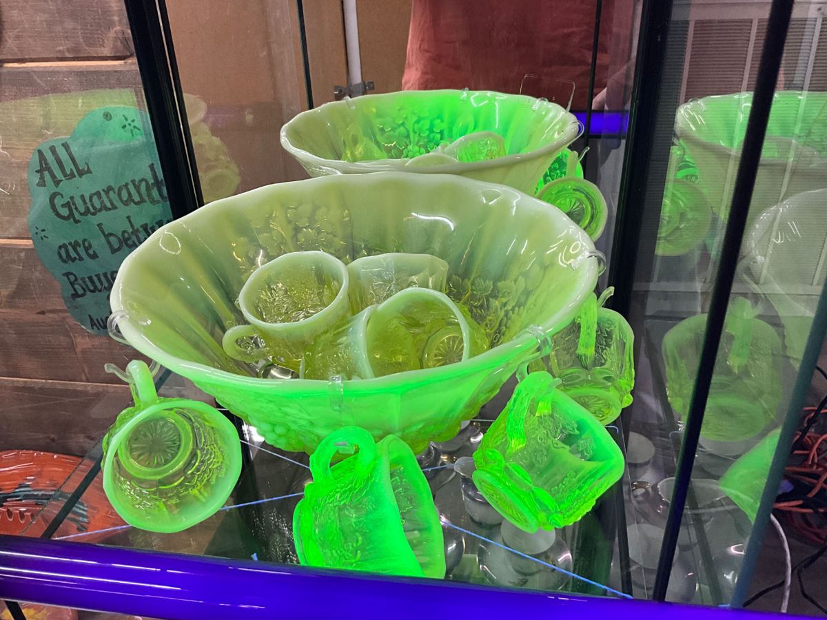 Yellow Uranium Glass Moser Vaseline Opalescent Glass with Grape/Vine Design Punch Bowl & Cups