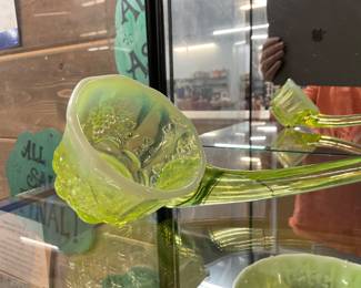 Yellow Uranium Glass Moser Vaseline Opalescent Glass Punch Bowl Ladle