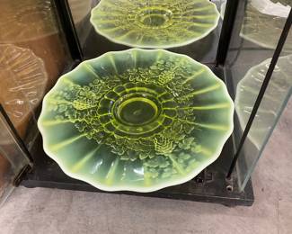 Yellow Uranium Glass Moser Vaseline Opalescent Glass with Grape/Vine Design Platter
