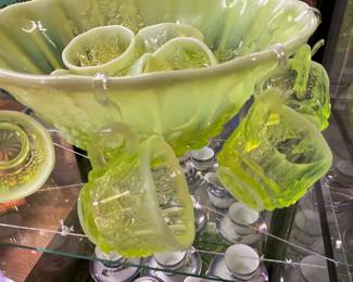 Yellow Uranium Glass Moser Vaseline Opalescent Glass with Grape/Vine Design Punch Bowl & Cups