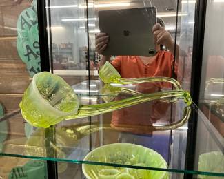 Yellow Uranium Glass Moser Vaseline Opalescent Glass Punch Bowl Ladle