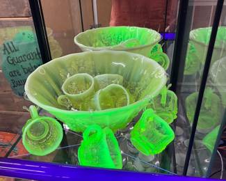 Yellow Uranium Glass Moser Vaseline Opalescent Glass with Grape/Vine Design Punch Bowl & Cups