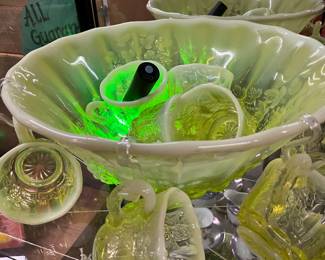 Yellow Uranium Glass Moser Vaseline Opalescent Glass Punch Bowl & Cups